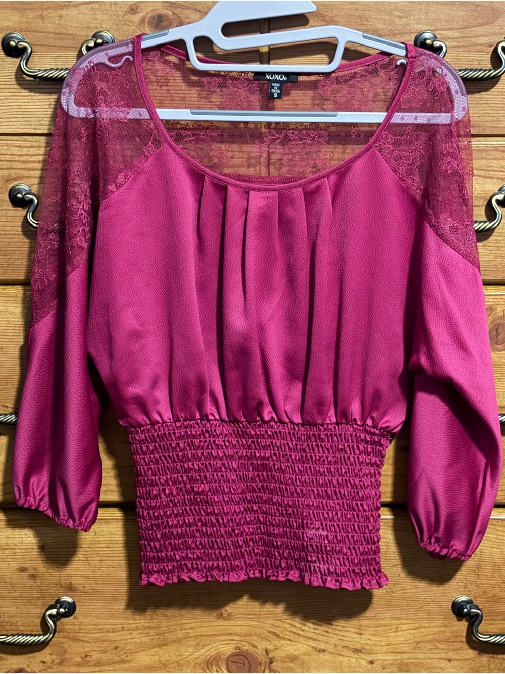 XOXO Magenta Lace-Yoke Smocked Waist Blouse